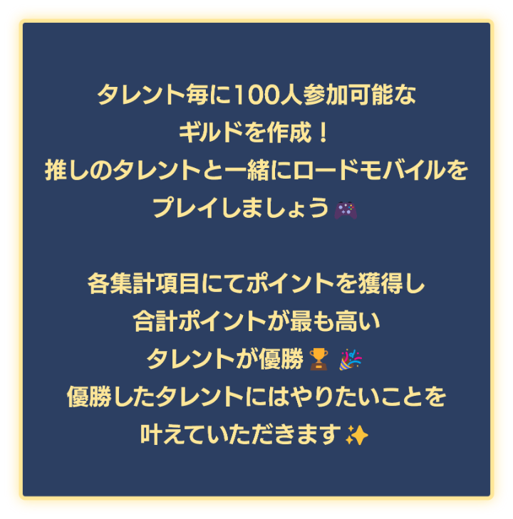 タレント毎に100人参加可能なギルドを作成！推しと一緒にロードモバイルをプレイしましょう！各集計項目にてポイントを獲得し、合計ポイントが最も高いタレントが優勝！優勝したタレントにはやりたいことを叶えていただきます！